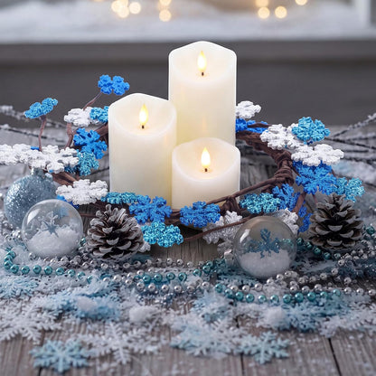 Daifunli 2 Pcs Winter Blue Snowflake Candle Rings Snowflake Wreath Glitter Vintage Wood Wreaths for Pillar 6 Inch Candles Holder for Winter Christmas Rustic Table Centerpiece Decor