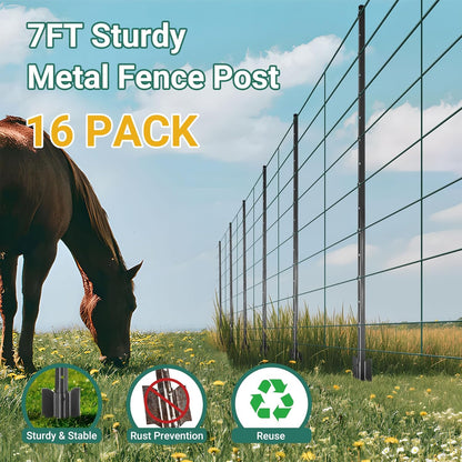 Fence Posts 7 Ft - 16 Pack, Requires Manual Assembly, Heavy Duty Metal Fence Post, No Dig U Post for Farm, Garden, Orchard and Outdoor Wire Fencing (Black)