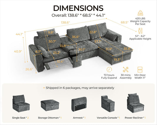 138.6'' Oversized Power Recliner Sofa with Headrest, Modular Cloud Sectional Couch with Convertible Table, Charging, Drawer, Cup Holder, 4-Seater with Storage Ottoman, Chenille, Grey