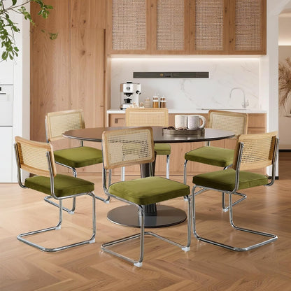 Velvet Dining Chairs Set of 6 Handwoven Rattan Back Upholstered Seat&Chrome Base Mid Century Kitchen Chair,for Dining Room,Living Room,Bedroom,Olive Green