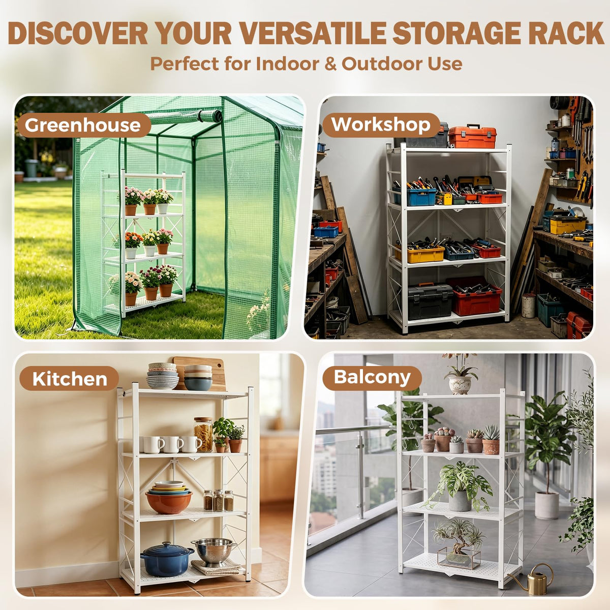 EAGLE PEAK 4-Tier Foldable Greenhouse Shelf, Heavy Duty Metal Storage Rack, No Assembly Steel Shelving Unit, Plant Stand for Greenhouse and Multi-Use Storage, 28”x14.6”x44.7”, 520 lbs, 1 Pack, White