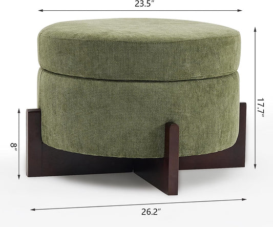 26Inch Round Storage Ottoman, Modern Chenille Upholstered Ottoman with Storage, Ottoman Coffee Table with Removable Top, Footrest Stool for Living Room, Bedroom (Green)