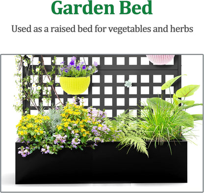 Metal Raised Garden Bed with Trellis, 2 in 1 Trellis with Planter Box & Privacy Screen for Climbing Plants, Vine, Outdoor Standing Flower Beds with Drainage Holes, 47.2"L x 16.7"W x 70.8"H, Black