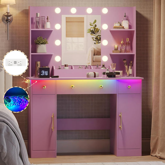 Wodeer Makeup Vanity Desk with Mirror and Lights, 43" Purple Vanity Set with 3 Drawers, Power Outlet & Adjustable RGB LED Lights, Dressing Table with Storage Shelf for Women & Girls Bedroom