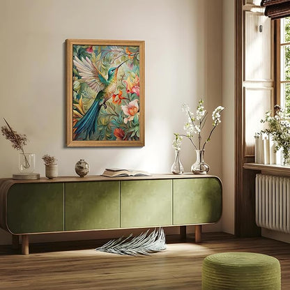 Framed Vintage 3D Textured Wall Art - Colorful Hummingbird Floral Wall Decor - Hand Painted Sandstone Nature Botanical Picture for Living Room Bedroom Home Decor 16x24 inch