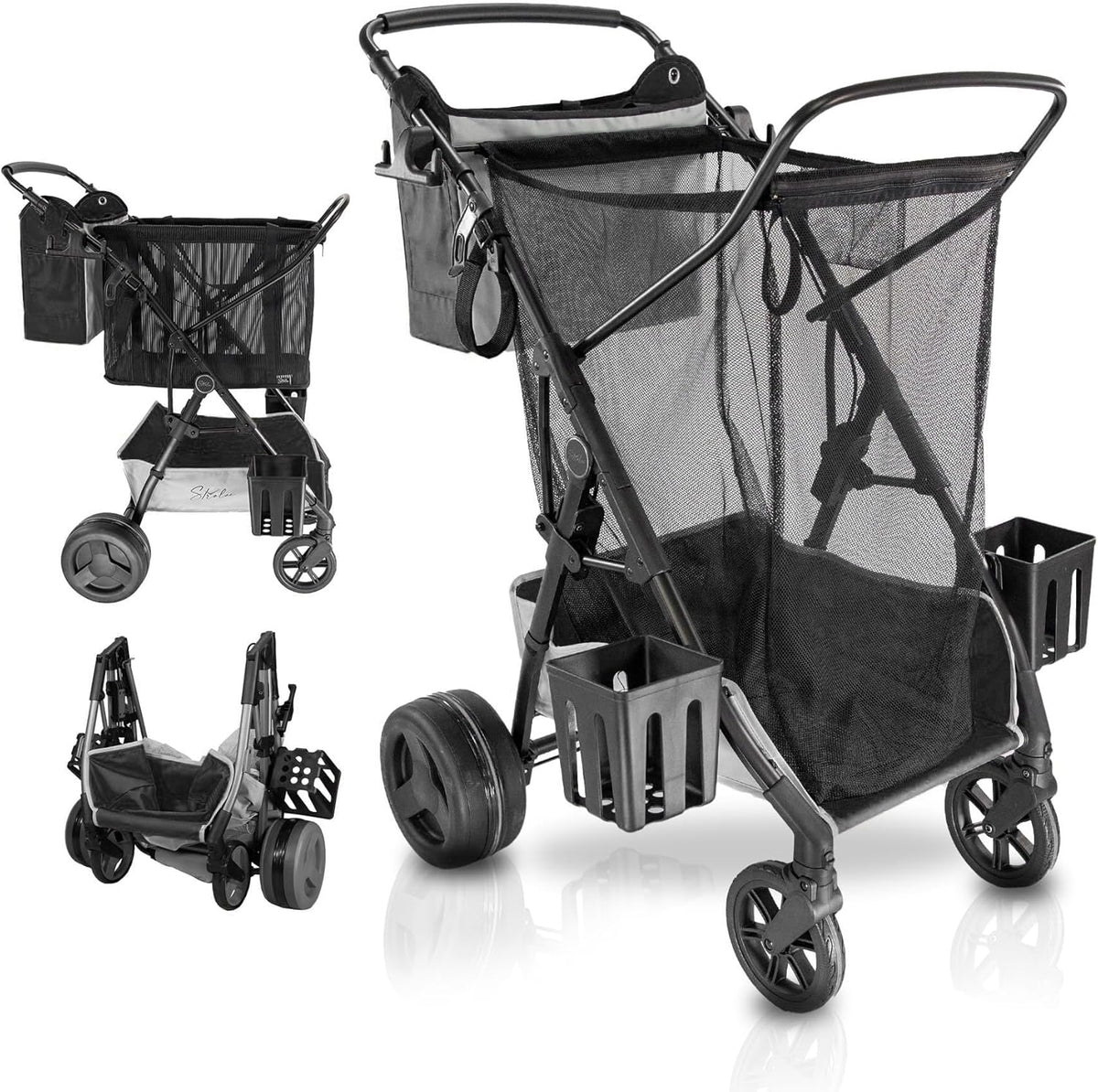 Strolee Large Wheeled Collapsible Beach Cart for Soft Sand, Shopping, Camping & Garden- Lightweight Aluminum Frame- Removable Storage Bag with Carrying Straps, X-L Capacity & Cooler Rack Dark Grey