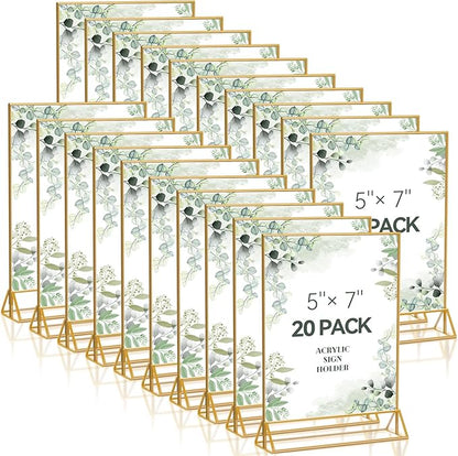 20PCS Acrylic Sign Holder, 5x7 Double Sided Gold Picture Frame Clear Wedding Table Numbers for Party, Restaurant Sign, Menu, Photo
