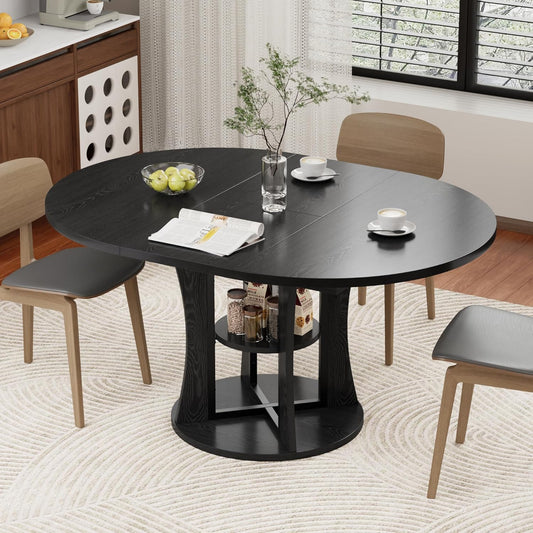 43.3''-59'' Extendable Round Dining Table for 4-8, Expandable Kitchen Table with Storage Shelf, Space Saving Circle Kitchen Table, Round Oval Dining Room Table for Living Room