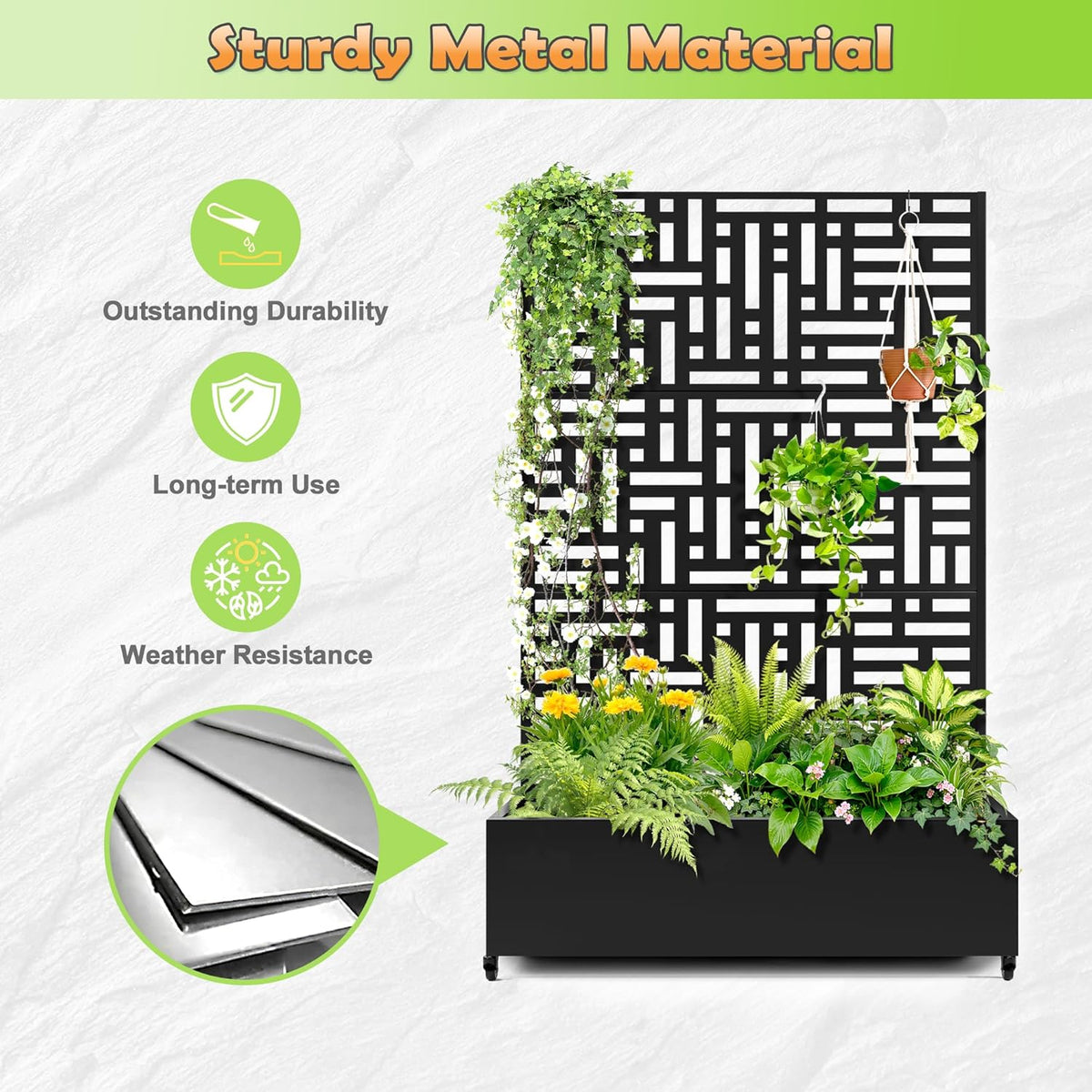 Metal Raised Garden Bed with Trellis, 2-in-1 Planter Box & Privacy Screen for Climbing Plants, Outdoor Standing Flower Bed with Drainage Holes, 47.2" L x 16.7" W x 70.8" H, Black-Helen