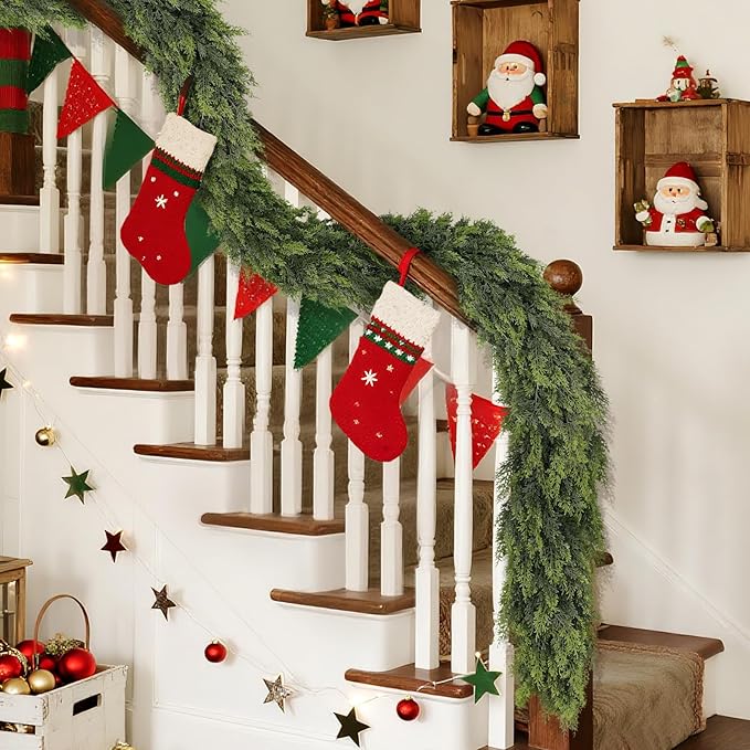 Real Touch Cedar Garland - Artificial Christmas Garlands Faux Green Cedar Fake Pine Needles Garland for Fireplace,Table, Stairs, Mantle, Window,Indoor Outdoor,Home,Holiday Decor(1 PCS,9 FT)