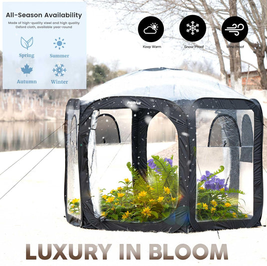 Porayhut Pop Up Greenhouse Tent,Portable Large Walk-in Plant House 10’X10’ ,Indoor Outdoor Gardening Plant Sunshine Room with PVC Mesh Cloth Cover for Protecting Plant from Cold Frost & Birds