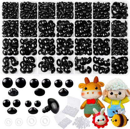 1000 Pcs 6-14mm Safety Eyes and Noses for Crochet, Black Plastic Safety Eyes with Washers, Craft Doll Eyes for Stuffed Animals, DIY Accessories, Assorted Sizes