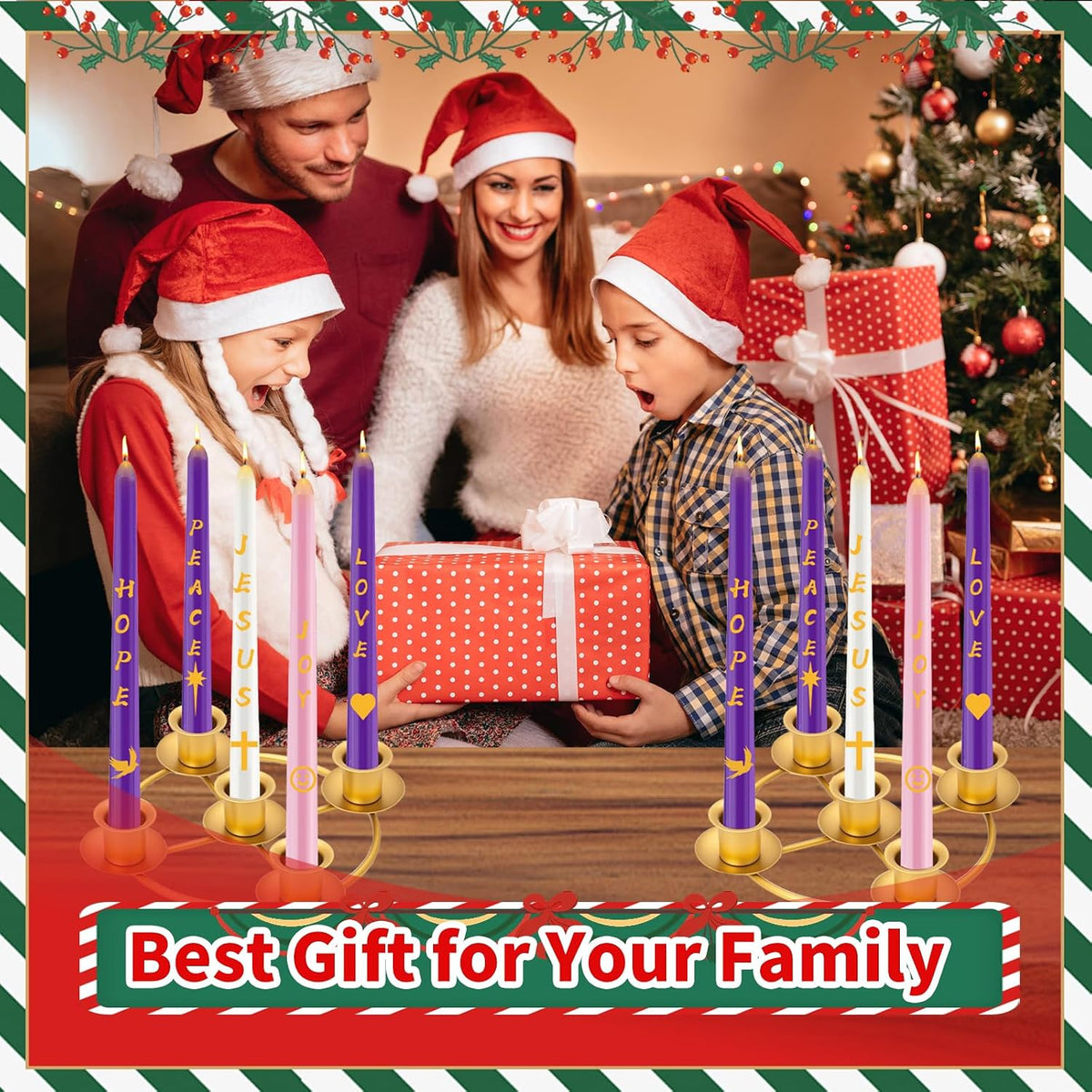 Advent Wreath Candle Holder Set with 5 Taper Candles, Gold Christmas Candle Ring Table Decoration for Advent Christmas Festival Home Church