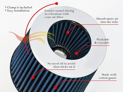BLUE 2.75" 70 mm Inlet Cold Air Cone Replacement Performance Washable Clamp-On Dry Air Filter