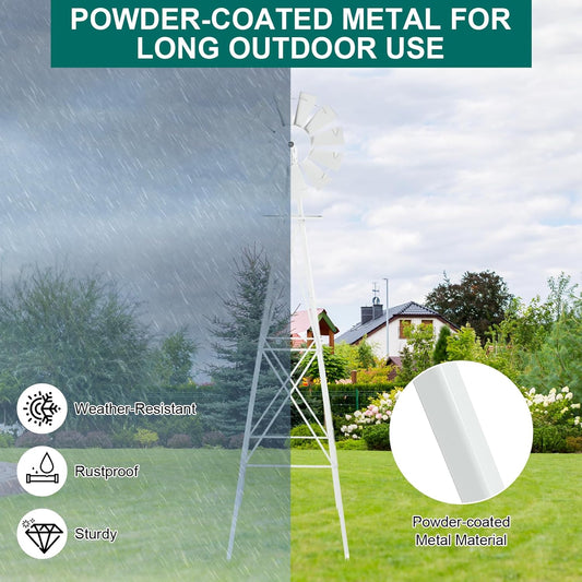 Garden Windmill for Yard Decor, 8 ft Tall Metal Windmill with Spinning Blades, Weather-Resistant Outdoor Windmill for Lawn, Farmhouse, Rustic & Farm Decor,White