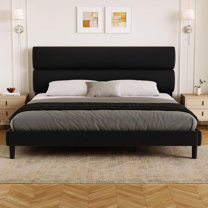 GRUSIGN King Size Platform Bed Frame with Velvet Headboard, Adjustable Height Wooden Slats Support, Upholstered Mattress Foundation, Fits Mattress or Mattress with Box Spring, Easy Assembly, Black
