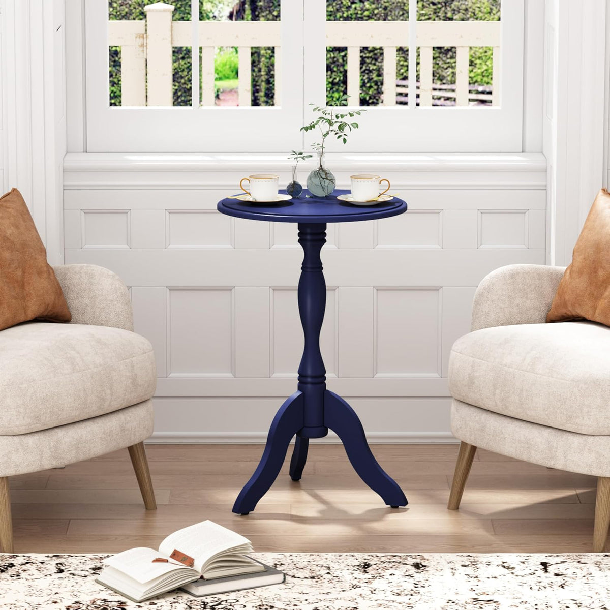HLR Round Small End Table, Wooden Pedestal Side Coffee Tables, Vintage Accent Nightstand for Living Room, Bedroom, Entryway, Dark Blue