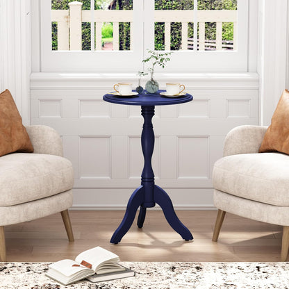 HLR Round Small End Table, Wooden Pedestal Side Coffee Tables, Vintage Accent Nightstand for Living Room, Bedroom, Entryway, Dark Blue