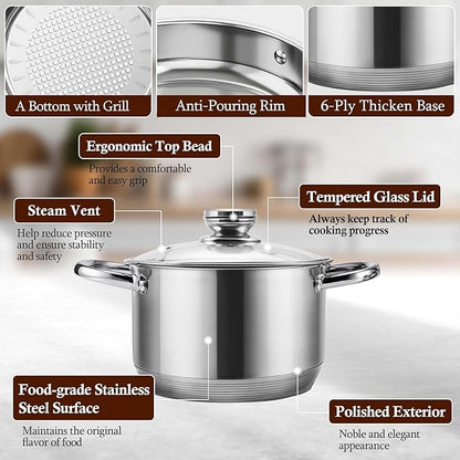15-Piece Stainless Steel Cookware Set, Non-Toxic Pots and Pans Set with Glass Lids, Kitchen Induction Cookware with Steamer, Utensils Set & Fry Basket, Dishwasher & Oven Safe, Silver