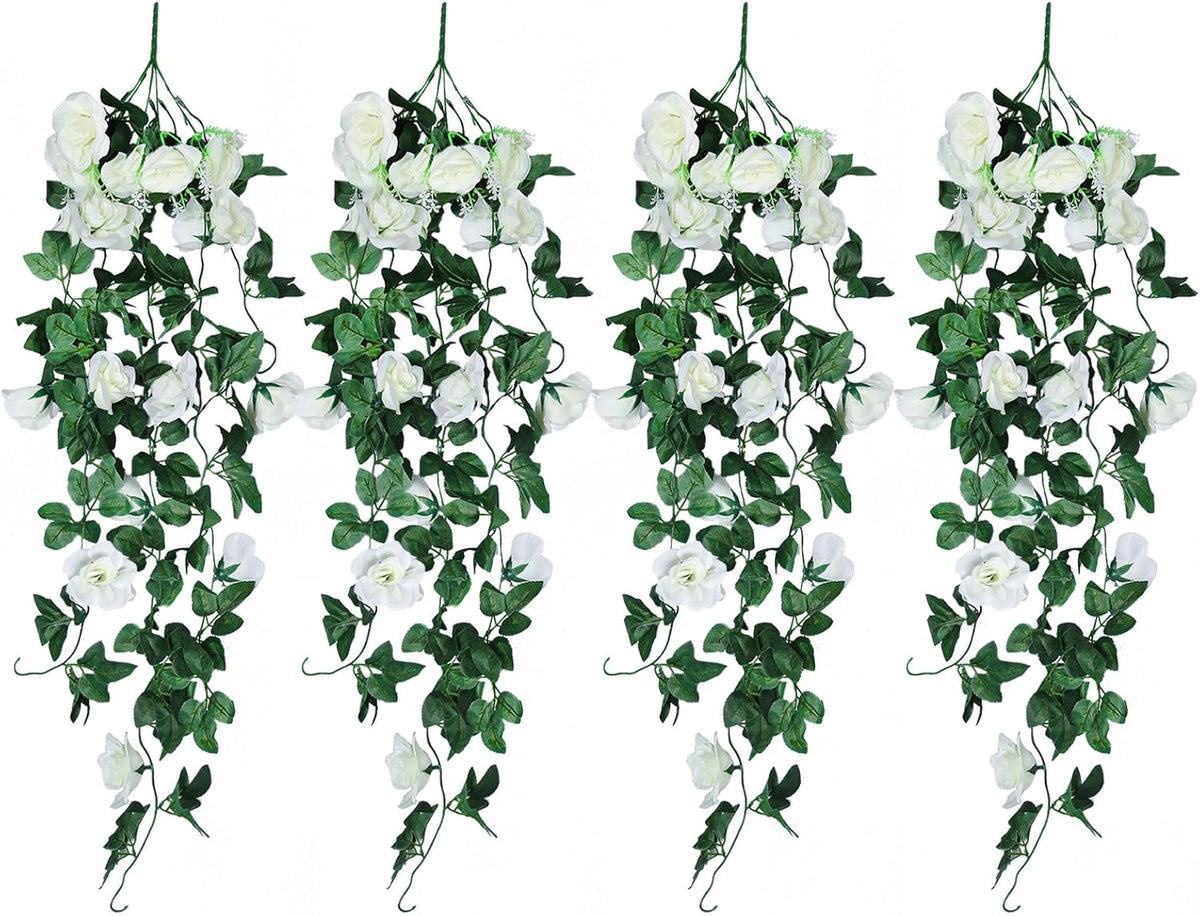 Artificial Hanging Rose Plant 4Pieces 3.3Ft Faux Ivy Plants Fake Outdoor Flowers Vines,UV Resistant for Wedding, Home, Office, Arch,Arrangement Decoration (White)
