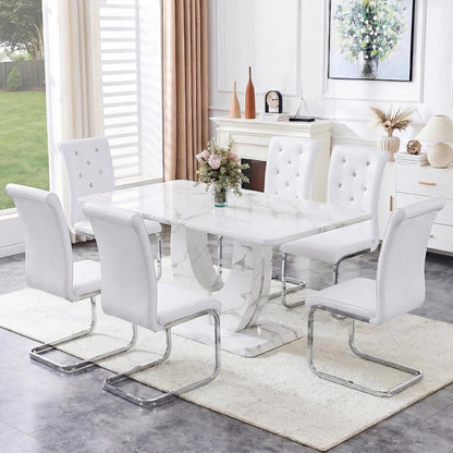 Dining Table Set for 6, Kitchen Table Chairs Set of 6, Modern Dining Room Set 63'' Marble Dinner Table PU Leather Upholstered Chairs for Kitchen (White-cro)