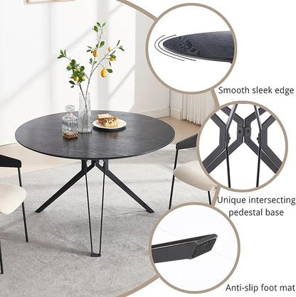 DUOMAY 47'' Round Dining Table for 4-6 Person, Mid-Century Modern Solid Wood Dining Room Table, Dinner Table with Intersecting Pedestal Metal Base for Kitchen, Office, Living Room, Black