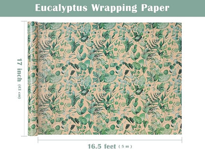 WRAPAHOLIC Kraft Eucalyptus Leaves Wrapping Paper Roll - Mini Roll - 17 Inch x 16.5 Feet - Greenery Wrapping Paper Perfect for Birthday, Wedding, Bridal Shower