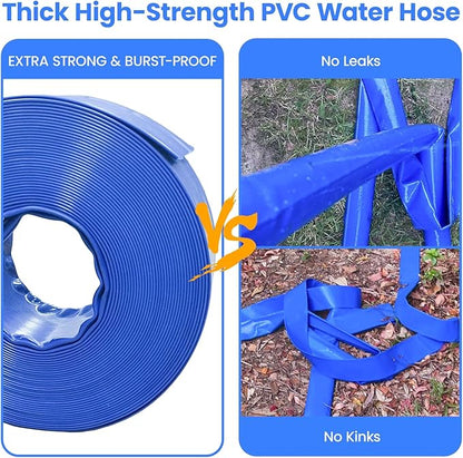 Poolvio Backwash Hose 2" x 50 ft, Blue Lay-Flat PVC Drain Hose with 2 Stainless Steel Thumb Screw Clamps, Tear-Resistant & Leak-Free for Swimming Pool Filter Cleaning, Flooded Area, Pond Draining