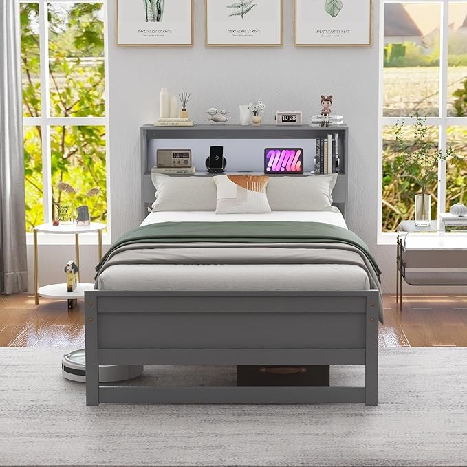 KOMFOTT Twin Size Wood Platform Bed Frame with Charging Station & LED Light, Platform Bed with Storage Headboard & 12” Under-Bed Space, No Box Spring Needed Bed Base, Wood Mattress Foundation (Grey)