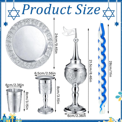 Mumufy 9 Pcs Shabbat Havdalah Set Include Havdualah Candle Holder Kiddush Cup Spice Box Goblet Silver Plate with 5 Pcs Havdalah Candle for Shabbat Judaica Decoration