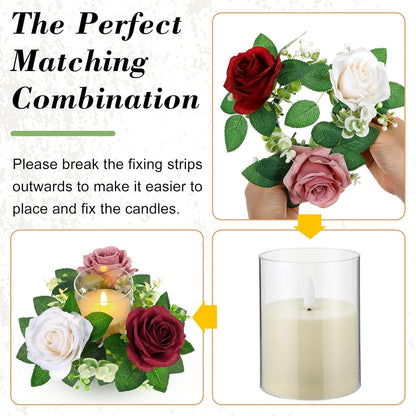 Yunlly 12 Pcs Rose Candle Rings with Flameless Candles Sets, Artificial Flower Eucalyptus Wedding Centerpiece 3 Inch Pillar Candleholders Wreaths for Wedding Party Mother's Day (Red，Pink，White)