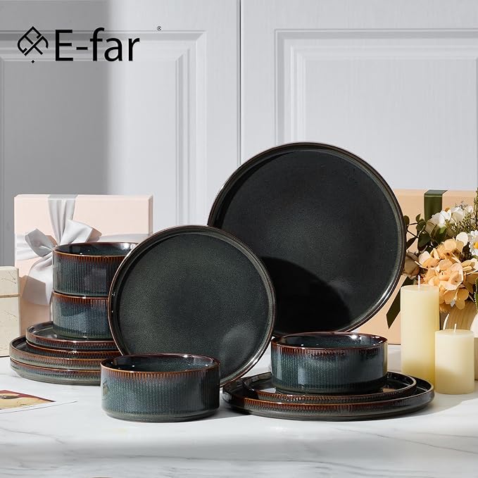 E-far Stoneware Dinnerware Sets, 18-Pieces Modern Plates and Bowls Sets, Kitchen Dinning Porcelain Dishes Set for 6, Chip & Scratch Resistant, Dishwasher & Microwave Safe, Blackish Green