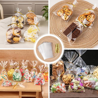 ZHEWTOEN 100 Pcs 5x7 Inch Cellophane Bags with Color Twist Ties, Clear Plastic Goodie Cello Treat Candy Bags for Cookies, Popcorn, Small Gift Wrapping, Party Favors, Bakery Packaging
