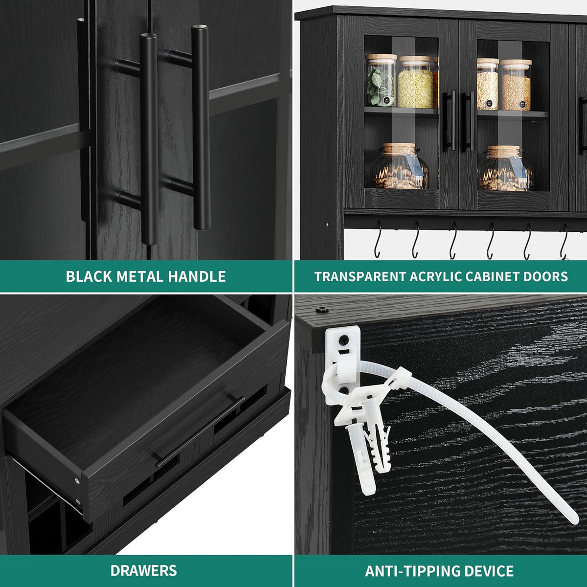 YITAHOME 71'' Kitchen Pantry Storage Cabinet with Microwave Stand, Tall Freestanding Hutch Cabinet with Power Outlet, Pantry Cabinets with Buffet Cupboard, Drawers and Acrylic Doors for Home, Black | Tall Freestanding Hutch Cabinet with Power Outlet