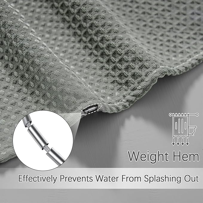 Shower Curtain Gray Waterproof Waffle Weave Fabric, 256GSM Heavy Duty Thick Shower Curtain Set for Bathroom, Hotel Spa Luxury Modern Shower Curtains with 12 Metal Hooks, 72Wx78H Grey