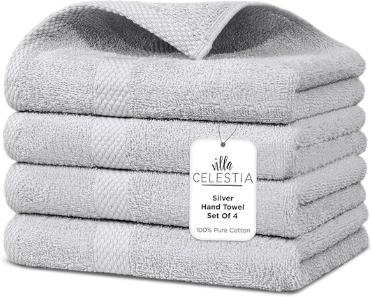 Premium Silver Hand Towel-100% Cotton Hand Towels for Bathroom 650 GSM Soft Silver Hand Towels Absorbent & Fast Drying Bath Hand Towels-Elegant Salon Spa Hotel Hand Towel Set of 4 (16''x 28'')
