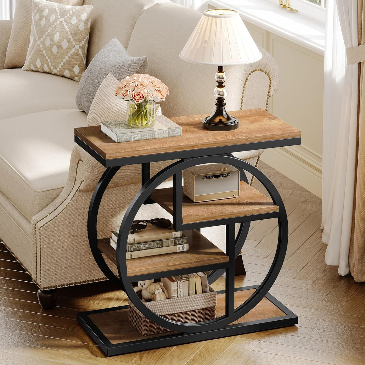 Tribesigns End Table for Living Room, 4-Tier Narrow Side Table with Storage Shelves, Industrial Bedside Table for Bedroom, Wood Small Sofa Side Table with Geometric Metal Frame (1 PC, Natural Brown)