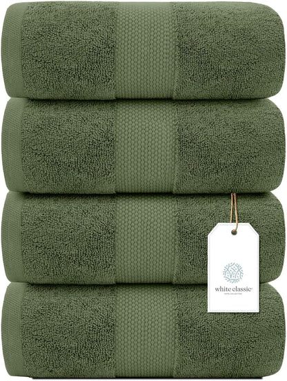 White Classic Luxury 4-Piece Large Bathroom Towel Set - 700 GSM Cotton Ultra Soft Towels 27x54 | High Absorbency & Quick Dry | Hotel Plush Dark Green Towels