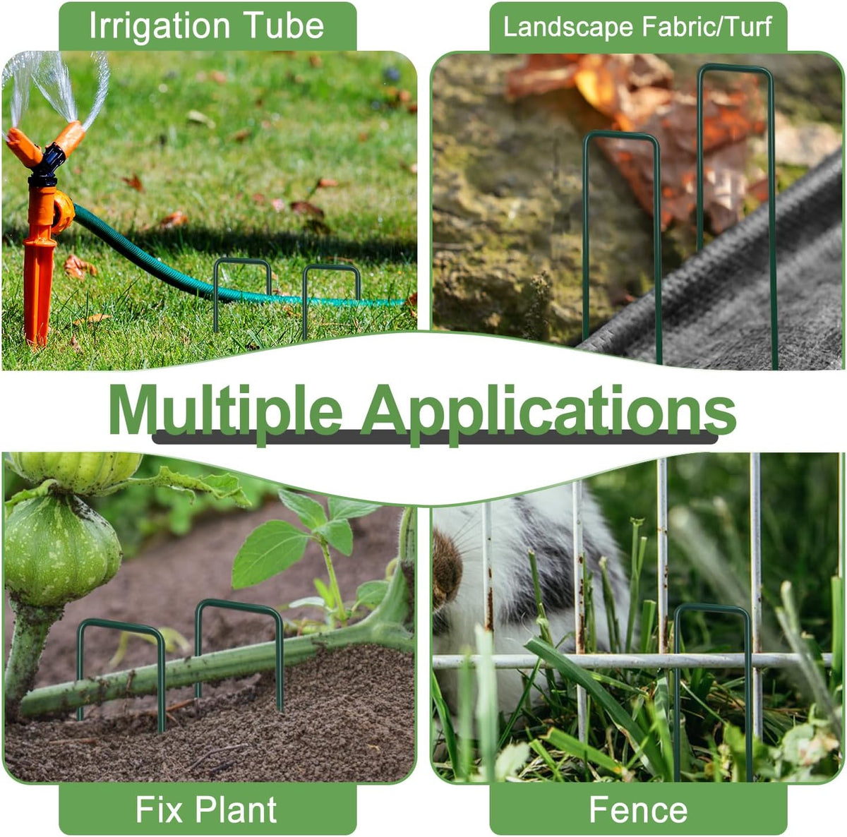 FOTMISHU Landscape Staples 6 Inch 20pcs Garden Stakes + 20pcs Gasket, Lawn Pins with Spray Coating Craft, 11Gauge Anti-Rust Ground Yard Spikes Anchoring for Outdoor Tents Irrigation Hoses (Green)