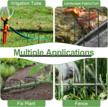 FOTMISHU Landscape Staples 6 Inch 40Pcs Garden Stakes + 40pcs Gasket, Lawn Pins with Spray Coating Craft, 11Gauge Anti-Rust Ground Yard Spikes Anchoring for Outdoor Tents Irrigation Hoses (Green)