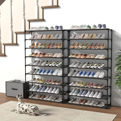 TY ARTS & CULTURE 2 Pack 9-Tiers Shoe Rack Organizer, Sturdy Metal Pipes & Durable Non-Woven Fabric, Space Saving Tall Shoe Shelf Hold 72-90 Pairs, Shoe Rack for Entryway (Black)