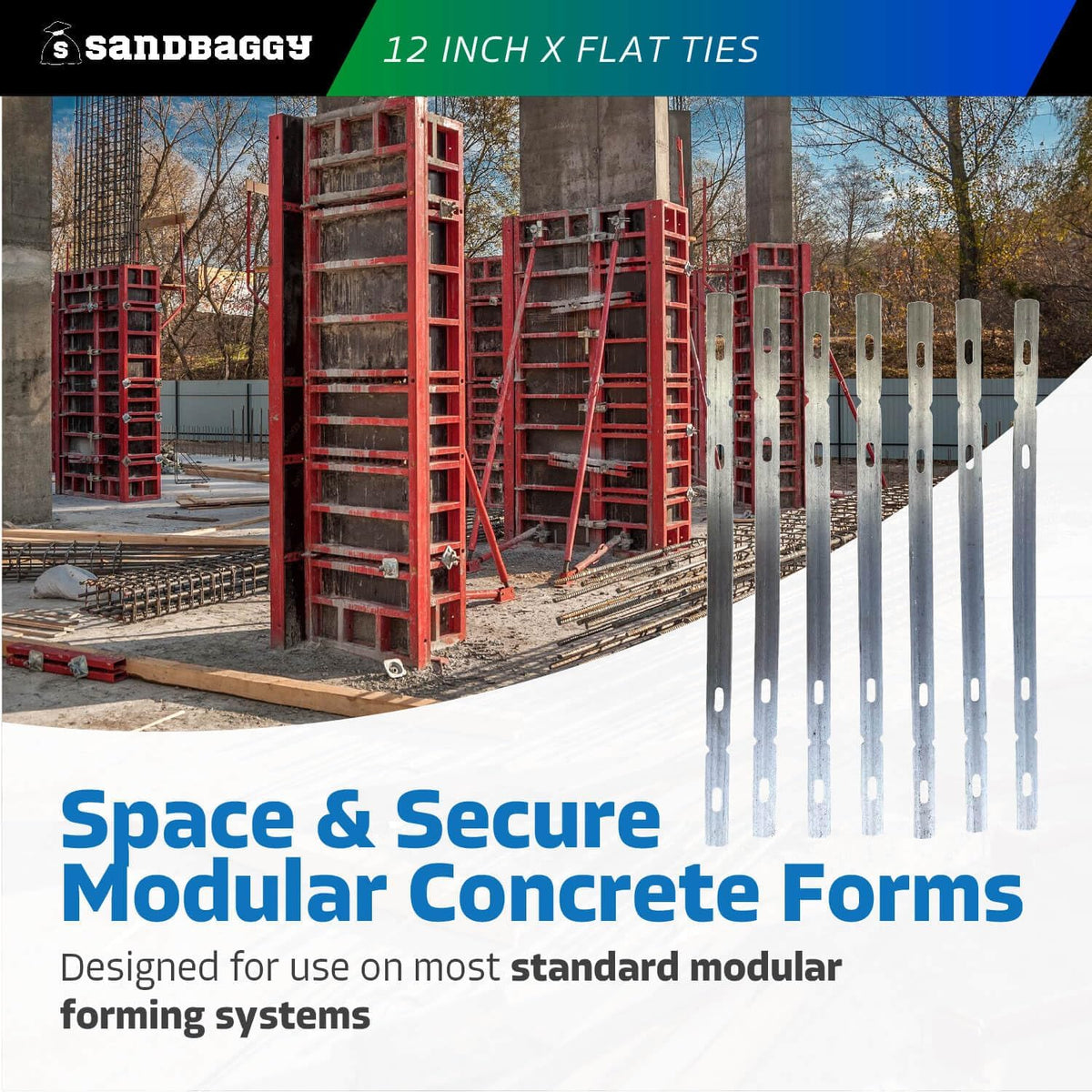 Sandbaggy 12" X Flat Ties for Concrete Forms - 11 Gauge Steel - Wall Ties Compatible with Standard Wedge Bolts - Space and Secure Modular Concrete Forms (12 inch Walls, 200, Count)