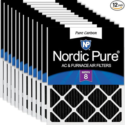 Nordic Pure 12x25x1 (Actual Size: 11 3/4 x 24 3/4 x 3/4) Pure Carbon Pleated Odor Reduction Furnace Air Filters 12 Pack