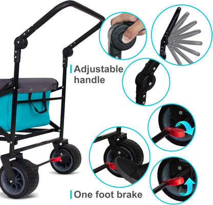 TMZ All Terrain Utility Folding Wagon, Collapsible Garden Cart, Heavy Duty Beach Wagon, for Shopping, Camping, and Outdoor Activities with Push Handle and Brakes (Turquoise/Grey)