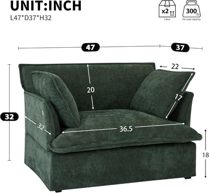 ERYE 47" Chenille Upholstered Accent Chair Wide Seat Armchair for Living Room Bedroom, Modern Upholstered Armchair W/ 2 Pillows and USB-C Ports for Home Apartment Office