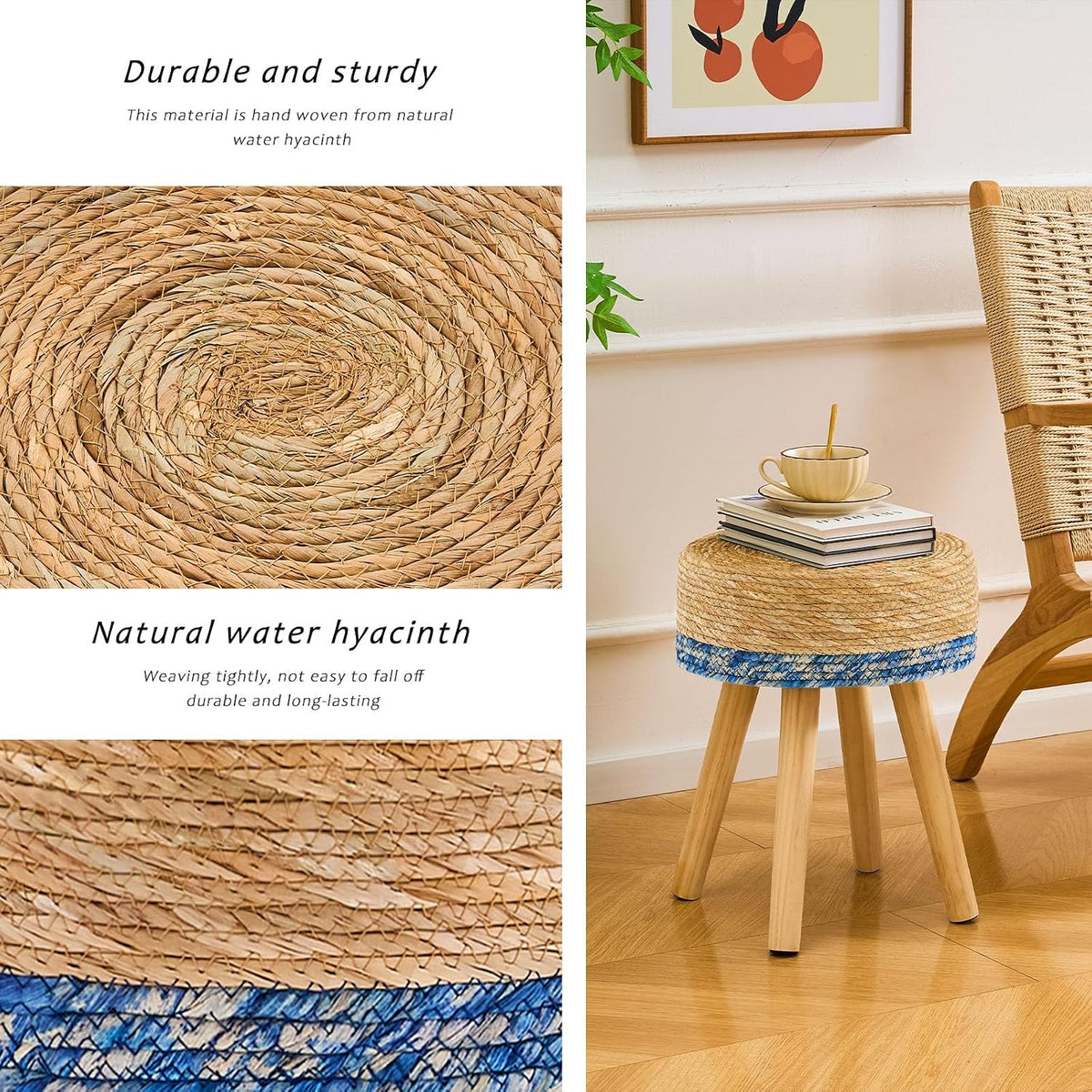 Handwoven Outdoor Ottoman, Water Hyacinth Pouf Round Patio Footstool with Wood Legs, 17-Inch Multipurpose Vanity Stool, Dining Chair, Patio Footrest for Balcony and Garden, Blue