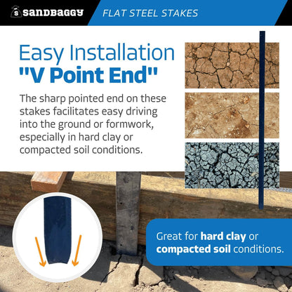 Sandbaggy Flat Steel Stakes for Concrete Forms with Nail Holes - 1.5" Wide - Painted - Removable, Reusable, V Point End - Construction Grade Stakes (5, 48 inch)