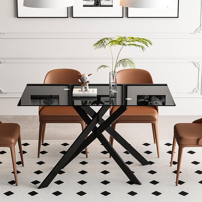 51" Rectangular Glass Dining Table Modern Kitchen Glass Top Table for 4 with Black Metal Legs, Clear Dining Table Kitchen Table for Home Office Dining Room