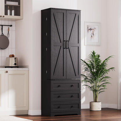 IDEALHOUSE Farmhouse Kitchen Pantry Cabinet - 72" Tall Large Wood Kitchen Storage Cabinets with Adjustable Shelves & 2 Barn Doors & 3 Drawer, Versatile Storage for Dining Room, Bathroom, Living Room