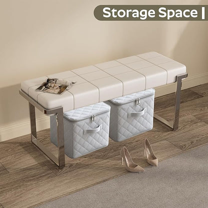 Upholstered Dining Bench, 44.29 Inch Leather Upholstered Bedroom Benches, Entryway Bench for Living Room Kitchen Dining Room(White&Silver)